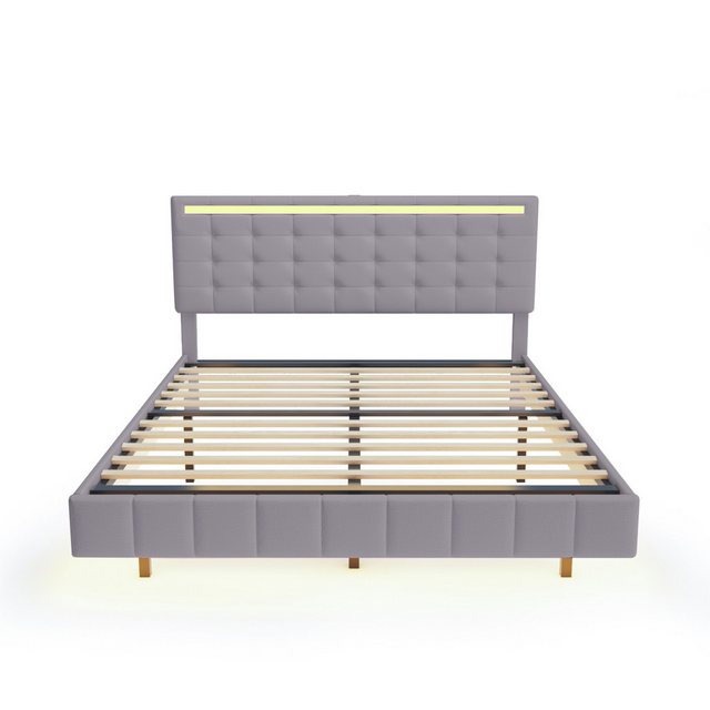 PXloue Polsterbett Doppelbett Jugendbett (Mit 2 USB-Ladeschnittstelle), mit LED Beleuchtung und Lattenrost,Leinen,160×200 cm