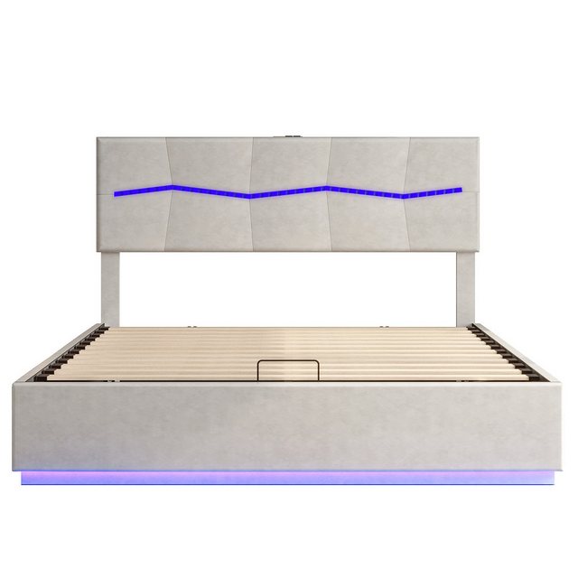 PXloue Polsterbett LED Doppelbett Jugendbett (USB- und Typ-C-Ladeschnittstelle), mit LED Beleuchtung und Lattenrost, Bettkasten, 140x200cm