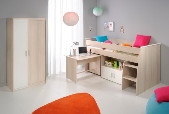 Parisot Jugendzimmer-Set "Charly", (Set, 3 tlg., Kleiderschrank und ein halbhohes Bett (inkl. Schreibtisch) und Kommode), Bett mit herausziehbarem Schreibtisch auf Rollen