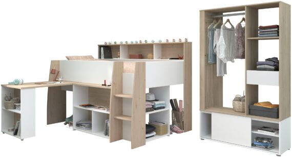 Parisot Jugendzimmer-Set "Parisot Lucas 11", (2 tlg.), Schreibtisch ausziehbar, Kleiderschrank offen, Ablagen und Regale