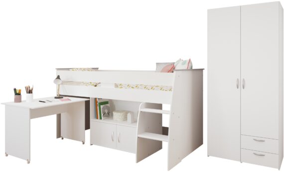 Parisot Jugendzimmer-Set "Reverse 12", (2 tlg., Hochbett mit Schreibtisch und Kommode + Kleiderschrank, 2-türig), viel Stauraum, platzsparend, Schreibtisch und Kommode integriert