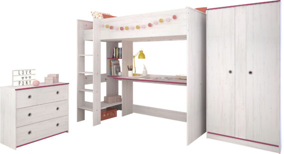 Parisot Jugendzimmer-Set "Smoozy", (Set, 3 tlg., Hochbett mit Schreibtisch, Kleiderschrank und Schubkastenkommode)