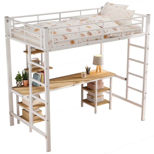 REDOM Etagenbett Hausbett mit Tisch und Regalen, Kinderbett mit Seitenleiter (mit Fallschutzgitter, Eisen + MDF, 90x200cm, Geeignet für Kinder und Jugendliche), ohne Matratze