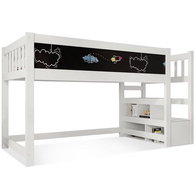 REDOM Etagenbett Kinderbett Hochbett (90 x 200 cm, Weiß), Hochbett mit Whiteboard&Tafel,Speicherung und Rausfallschutz