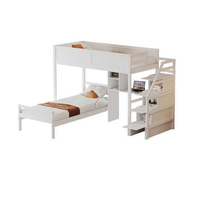 REDOM Etagenbett Stauraumbett Hochbett Holzbett Kinderbett (mit Sicherheitstreppe und integriertem Schreibtisch-Staufach, Zwei-in-Eins-Hochzaun-Design 90×200 cm), ohne Matratze