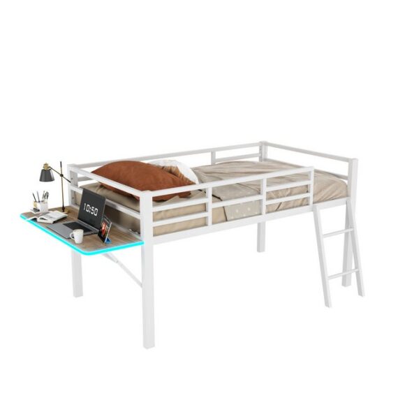 REDOM Kinderbett Funktionsbett,mit Geländer, Leiter, Schreibtisch (Multifunktionales Metallbett,mit Schreibtisch, Geländer, Leiter und LED-Lichtband - Ausführung, ideal für Kinder und Jugendliche, inklusive stabiler Konstruktion, durchdachter Sicherheit und modernem Design, 90x200 cm), ohne Matratze