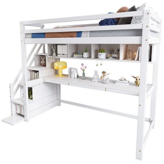 REDOM Kinderbett Jugendbett Holzbett Einzelbett (Kinderhochbett 90x200 cm mit Stauraumtreppe, integriertem Schreibtisch und Regalen, aus Kiefernholz., für Kinderzimmer), ohne Matratze