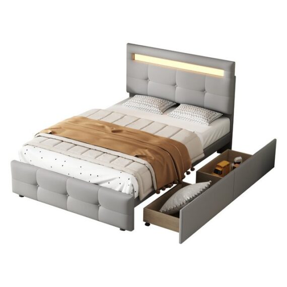 REDOM Polsterbett Einzelbett Kinderbett Jugendbett, Polsterbett 90*200cm (mit LED-Leuchten, 2 Schubladen, hautfreundlicher Leinenpolsterung flach), ohne Matratze