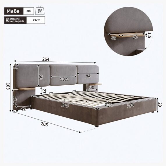 REDOM Polsterbett Hydraulisch mit Lattenrost (Struraumbett, Doppelbett,Funktionsbett, 1-tlg., 180 x 200 cm, ohne Matratze), mit 2 Regalen, Ausklappbare Kopfteilelemente