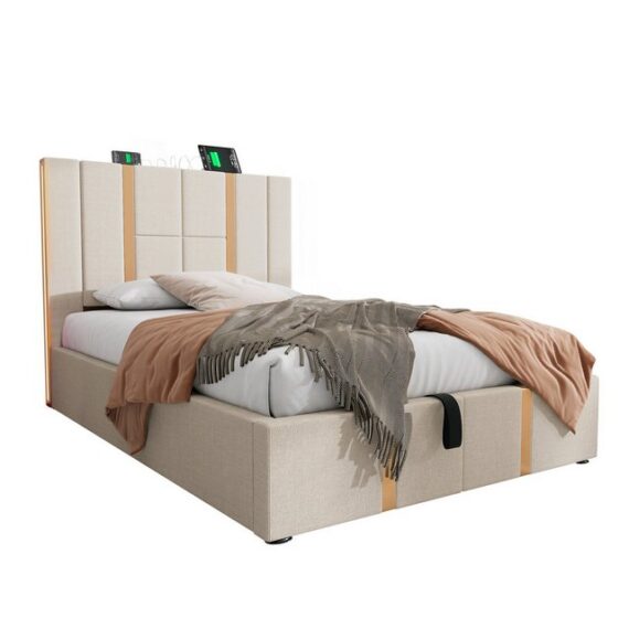 REDOM Polsterbett Hydraulisches Stauraumbett mit LED-Bleuchtung inkl. (Funtionsbett, Jugendbett mit Bettkasten, 1-tlg., Lattenrost aus Holz,Beige Leinenmaterial, 90*200cm, mit Matratz), Massives Holzbett mit Ladefunktion