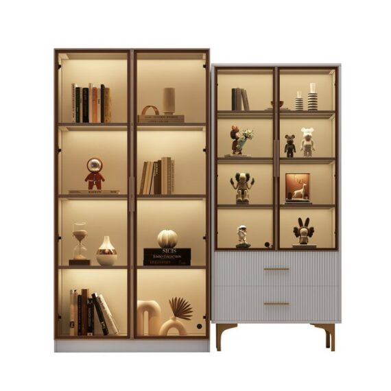 REDOM Standvitrine Vitrinenschrank Glasvitrine Bücherschrank Büroschrank Vitrine Schrank (Hochschrank mit LED-Beleuchtung und höhenverstellbaren Einlegeböden, 2-St., Aktenschrank Sammlervitrine Wohnzimmerschrank mit 4 Türen 8 Fächern) Bücherregal für Wohnzimmer Küche Esszimmer Büro 80*40*160+70*35*150 cm