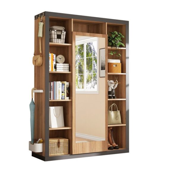 REDOM Vitrine Grauschwarz-Holz-Design (Garderobengestell, Multifunktionsgarderobe, Bücherregalkombination, 1-St., 115L x 30B x 165 H(cm) mit Spiegel, Abtropfschale, Haken und Kleiderbügeln