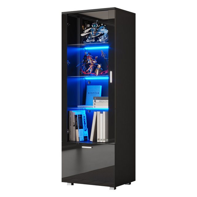 REDOM Vitrine schwarze Vitrine mit Acrylglas-Tür (Glasvitrinen, Vitrinen für Sammlerstücke,Parfümschränke,Bücherregale, 1-St., 3 Fachböden) Hochglanzvitrinen mit Glastüren, LED-beleuchtete