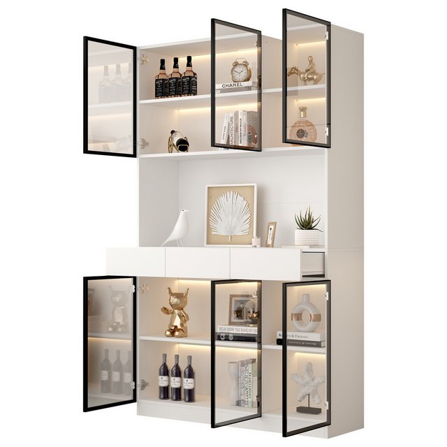 REDOM Vitrine vielseitig als Bücherregal und Stauraum (Aufbewahrungsregale, Bücherregal Vitrine, Display Regal, 1-St., 1 Vitrine, 6 Türen, 3 Schublade, 1 offene Fächer) mit Pop-up Glastüren, 16 verschiedene Lichteinstellungen