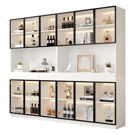 REDOM Vitrine vielseitig als Bücherregal und Stauraum (Aufbewahrungsregale, Bücherregal Vitrine, Display Regal, 2-St., 2 Vitrine, Jeder (6 Türen, 3 Schublade, 1 offene Fächer) mit Pop-up Glastüren, 16 verschiedene Lichteinstellungen