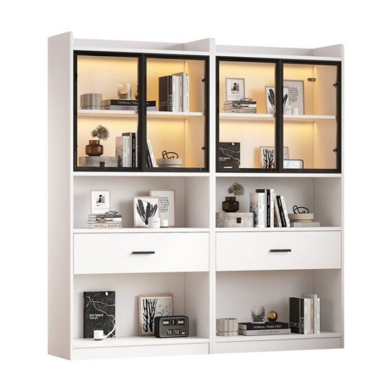 REDOM Vitrine vielseitig als Bücherregal und Stauraum (Aufbewahrungsregale, Bücherregal Vitrine, Display Regal, 2-St., 2 Vitrine, Jeder(2 Türen, 1 Schublade, 2 offene Fächer) mit Pop-up Glastüren, 16 verschiedene Lichteinstellungen