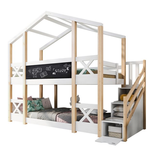 Refined Living Etagenbett Kinderbett Baumhaus mit Speicherung und Rausfallschutz 90 x 200 cm (ohne Matratze, Hochbett für Kinder- 2x Lattenrost, Treppe mit Speicherfunktion, Massivholz Kinderbett, Baumhaus mit Schublade, Sicherheit für Kinder, Baumhausbett), für eine Familie mit zwei Kindern,Schlaf- und Spielmöbel,Natur & Weiß