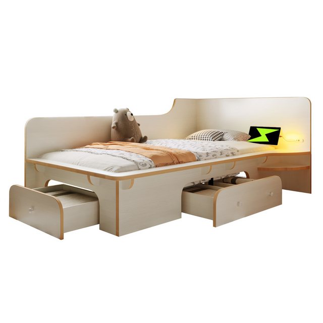 Refined Living Kinderbett Jugendbett Holzbett mit Leselicht, USB, Type C und 3 Schubladen (ohne Matratze, Bettgestell Schlafzimmermöbel Stauraum Bett, 1-tlg., 90×200 cm, Einzelbett, Hochwertige Materialien, Intelligenter Stauraum), Sicherheit und Komfort, Einfache Montage, Vielseitig