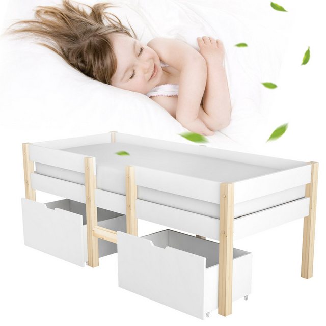 Refined Living Kinderbett Massives Kiefernholzbett Hochbett Bett Weißes Hochbett (mit Schublade Kinderbett massiv Kiefernholz Bett Rausfallschutz Bett Bett für Kinderzimmer, 1-tlg., mit Schublade und Rausfallschutz, Hochbett mit Stauraum 90×200 cm), Kiefer-Vollholz, Robuste Konstruktion, Praktischer Stauraum