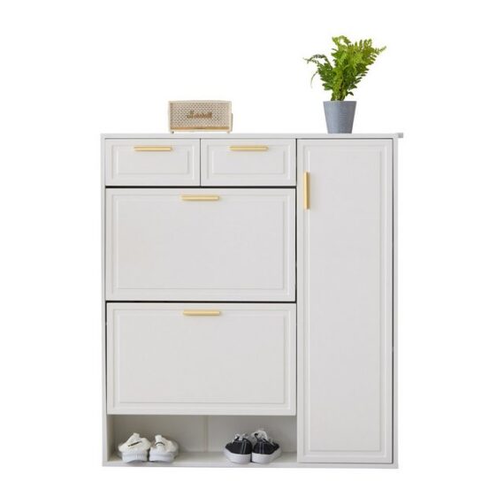 Refined Living Schuhschrank mit verstellbaren Regalen,mit goldenen Griffen, Schubladen (weiß, B95/D24/H107.5cm, Schuhregal, Klappschrank, Multifunktional, Schuhaufbewahrung, Aufbewahrungsschrank, 1-St., mit 2 Schubladen und 3 Türen, Multifunktional) mit Verstellbare Regale, Viel Stauraum, Sichere Kippsicherung