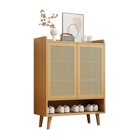 Refined Living Schuhschrank natürlichem Rattan Schuhschrank, Schuhkommode Schuhregal, Sideboard (Maße: B80/H105/T35 cm, Rattan-Schrank, Flurschrank, Flurmöbel, Push-to-Open-Schrank,Bücherschrank, Multifunktionsschrank, 1-St., Aufbewahrungsschrank, mit 2 Türen, 5 Regalböden & Massivholzbeinen) Viel Stauraum, Stabile Struktur, einfacher Aufbau, Kindersicherung