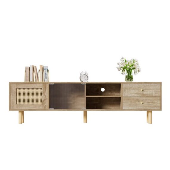 Refined Living TV-Schrank Fernsehtisch mit Tür in Rattanoptik, offenen Fächern und Schubladen (172 x 35 x 48 cm, TV-Board, Lowboard Wohnzimmerschrank, mit 2 Türen und 2 Schubladen, 1-St., mit Glasschiebetüren und Massivholzbeine und goldene Griffe) Viel Stauraum, Langlebige Konstruktion, Wohnzimmer TV-Sideboard