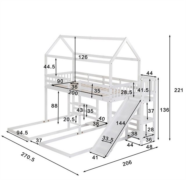 Rhein Beleuchtung Etagenbett Etagen-Hochbett mit Rutsche und Treppe (drei Betten, 90x200cm) (hochbett mit rutsche, etagenbett, hochbett), Stabile Kiefer mit umlaufendem Kantenschutz, mit Rutsche