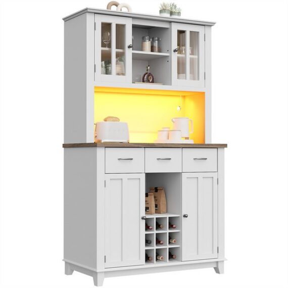 Rhein Beleuchtung Küchenbuffet Hochschrankbuffet mit LED-Beleuchtung (weiße Schubladen) (küchenbuffet buffetschrank, vitrinenschrank weiss, küchenbar) mit verstellbaren Einlegeböden und Weinregal, Wandschrank kippsicher