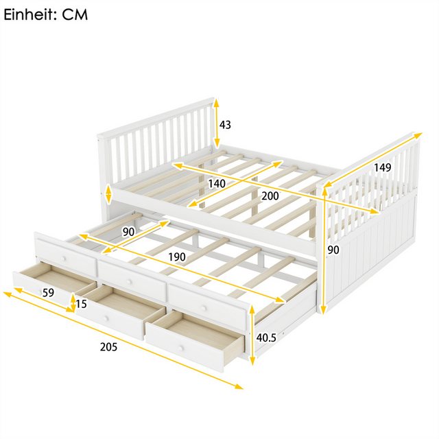 Rhein Beleuchtung Schlafsofa 140x200 cm (90x190 cm) Einzelbett mit Ausziehbett, Kinderbett (weiß), Drei Schubladen, als Sitz und Liege nutzbar, robust und langlebig