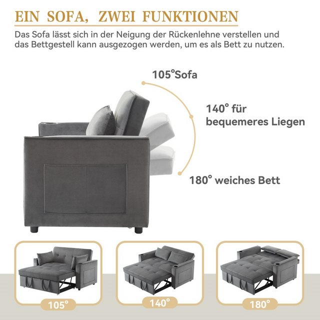 Rhein Beleuchtung Schlafsofa Multifunktionales Schlafsofa mit Schlaffunktion, Verstellbare Rückenlehne mit Kissen, Becherhalter und Magazintasche