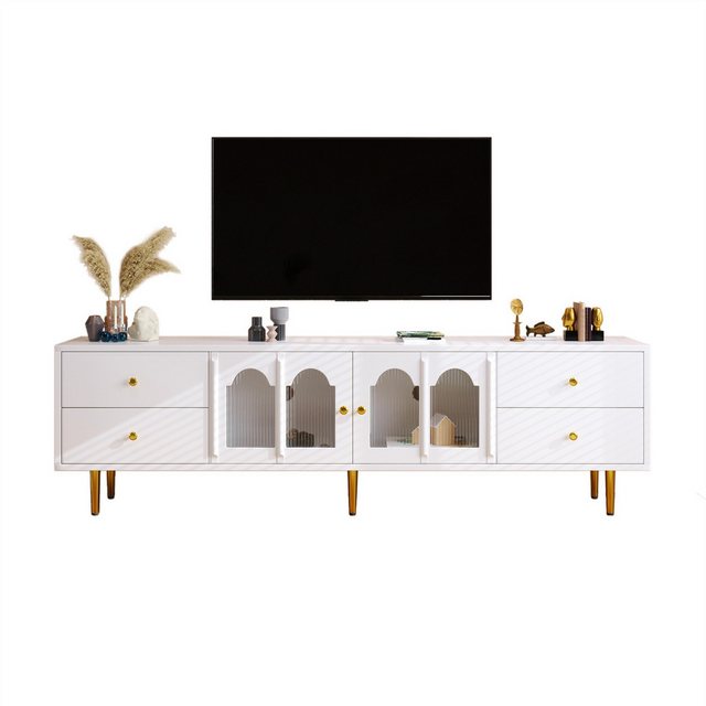 Rhein Beleuchtung TV-Schrank Luxuriöser TV-Schrank mit goldenen Griffleisten und Glastüren (lowboard wohnzimmer, tv sideboard, wohnzimmerschrank) Mit 4 Schubladen und 2 Glastüren, geeignet für Wohnräume