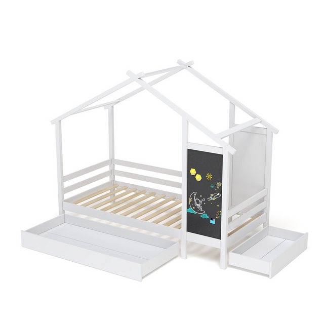 Romance Kinderbett Bodenbett Massivholzbett Einzelbett Montessori, geeignet Für Kinder,mit Absturzsicherung,Tafel,Schublade, 90 * 200 cm