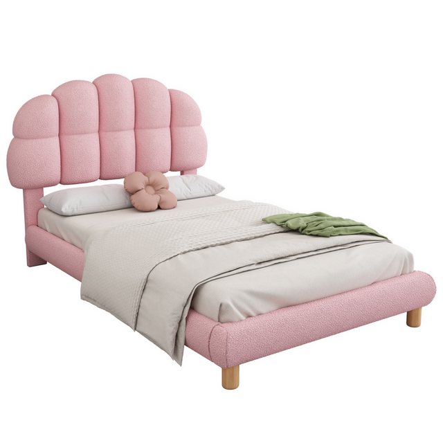 Romance Kinderbett Einzelbett Jugendbett Polsterbett Holzlattenrost, Höhenverstellbar cremefarben/rosa mit Lattenroste( Ohne Matratze)