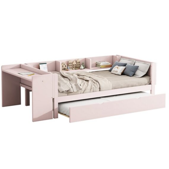 Rutaqian Einzelbett Prinzessinnenbett modern Polsterbett 90×200 cm, (1-tlg., drei Regale an der Seite des Bettes), mit ausziehbarem Bett, Schreibtisch, Bettgestell Rosa