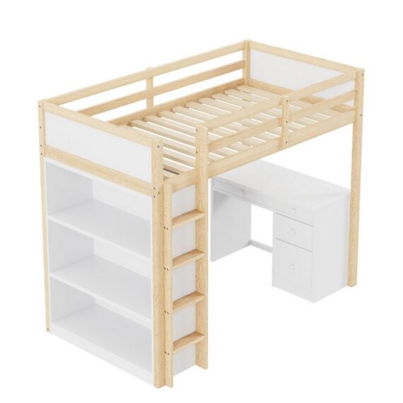 Rutaqian Hochbett Kinderbett, Massivholzbett, Einzelbett, Bettgestell für Kinder (mit Tisch, Schubladen, Aufbewahrungsschrank, Treppe, 1-St) Modernes Design, Fallschutz, Ohne Matratze