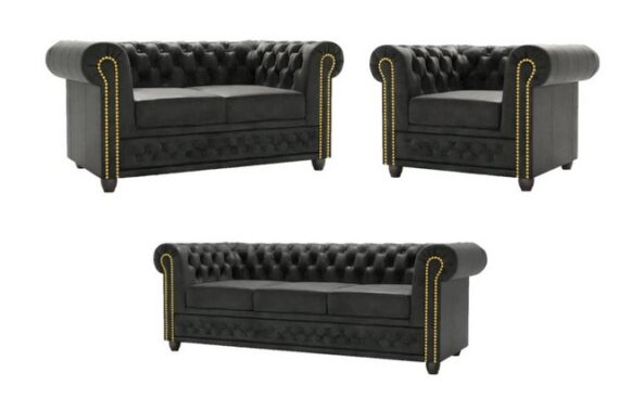 S-Style Möbel Polstergarnitur Chesterfield Anton mit Schlaffunktion 3+2+1 mit Holzfüßen, (1x 3-Sitzer-Sofa, 1x 2-Sitzer-Sofa, 1x Sessel), mit Wellenfederung