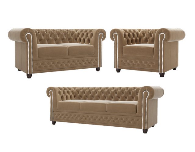 S-Style Möbel Polstergarnitur Chesterfield Lena mit Schlaffunktion 3+2+1 aus Samt-Stoff, Holzfüßen, (3-Sitzer-Sofa, 2-Sitzer-Sofa mit Schlaffunktion, Sessel), mit Wellenfederung