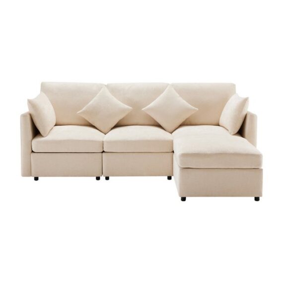 SOFTWEARY Ecksofa L-Form, mit Hocker, Zier- und Armlehnenkissen, Chenille