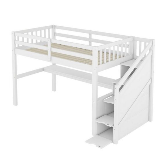 SOFTWEARY Hochbett mit Lattenrost und Treppe (90x200 cm) Kinderbett mit Rausfallschutz, Holzbett