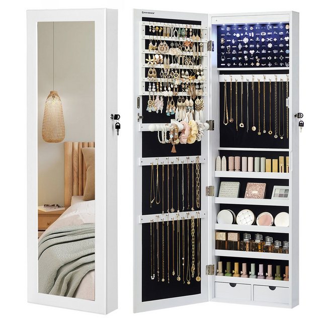 SONGMICS Schmuckschrank Spiegelschrank Wandspiegel Schmuck-Organizer mit LED Beleuchtung and Spiegel