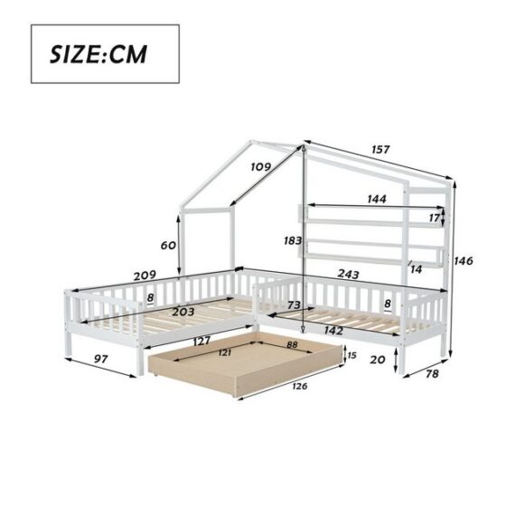 SeedWave Hausbett Kinderbett mit Schubladen und Regalen,Zwei Betten(200x90cm/140x70cm), Dachkonstruktion,Eck-L-förmiges Bett Design,Massivholzrahmen