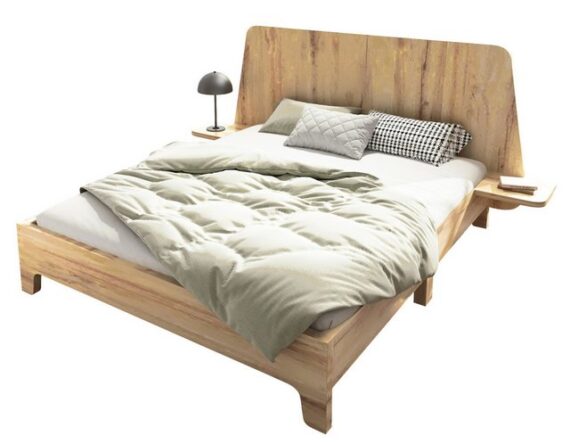 SeedWave Holzbett Eichen-Doppelbett mit Nachttischablage, Gebogenes Design-Kopfteil, Holzbett mit Verbreiterter und verstärkter Lattenrost, 140x200cm