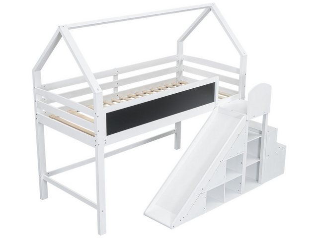 SeedWave Kinderbett Kinderhochbett 90x200cm mit Rutsch-Treppe,Platzsparendes Jugendbett, mit Graffiti-Tafel, Hochbett mit Stauraum