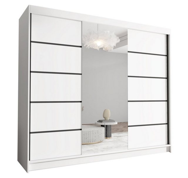 Sofnet Kleiderschrank Davos VI (mit Spiegel, Schiebetüren und Kleiderstange) Schwebetürenschrank mit 3 Türen, Schiebetürenschrank – 250x215x58 cm