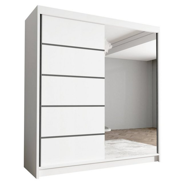 Sofnet Kleiderschrank Harry III (mit Spiegel, Schiebetüren und Kleiderstange) Schwebetürenschrank mit 2 Türen, Schiebetürenschrank – 180x215x58 cm