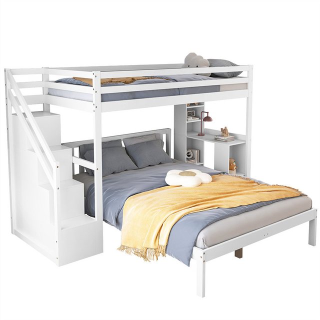 Sweiko Etagenbett Doppelbett Multifunktionales Kinderbett (Holzbett Jugendbett,mit Lagerregal, Aufbewahrungstreppe, 90*200cm+140*200cm), ohne Matratze,Kiefer + MDF, Weiß