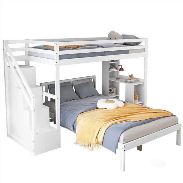 Sweiko Etagenbett Doppelbett Multifunktionales Kinderbett (Holzbett Jugendbett,mit Lagerregal,mit Ablagefächern und Stauraumtreppe, 90*200cm+120*200cm,ohne Matratze), Kiefer + MDF, Weiß