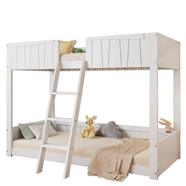 Sweiko Etagenbett Holzbett Gästebett Einzelbett (mit dreistufiger Leiter und holzlatten,Offenes Regal,Stabile Lattenroste,Design des Sicherheitszauns, Rahmen aus Kiefer, Kiefer+MDF, Weiß), 90x200cm ohne Matratze