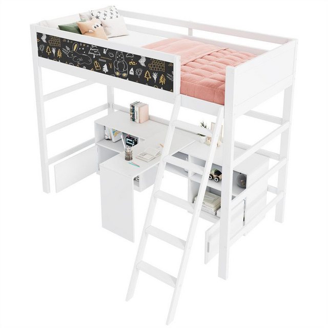 Sweiko Etagenbett Kinderbett, Einzelbett,Etagenkinderbett,Multifunktionales (mit Beweglicher Tisch und Brett,Kritzelbrett, mit Stauschrank und Leitern), Ohne Matratze, 90*200 cm, Weiß