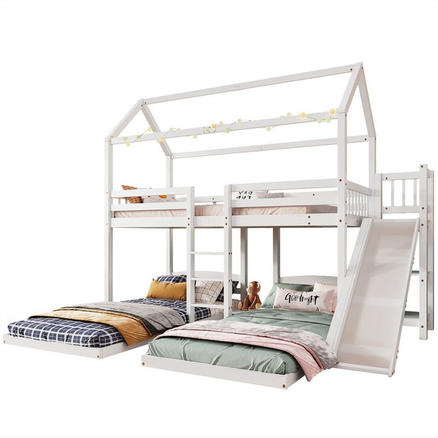 Sweiko Etagenbett Kinderbett Hausbett Funktionsbett (mit Rutsche,Offenes Regal,mit dreistufiger Leiter,Entworfen mit drei Bettpositionen, Kinderbett mit Dach,Rahmen aus Kiefer), Kiefer+MDF, weiß, 90x200cm,ohne Matratze